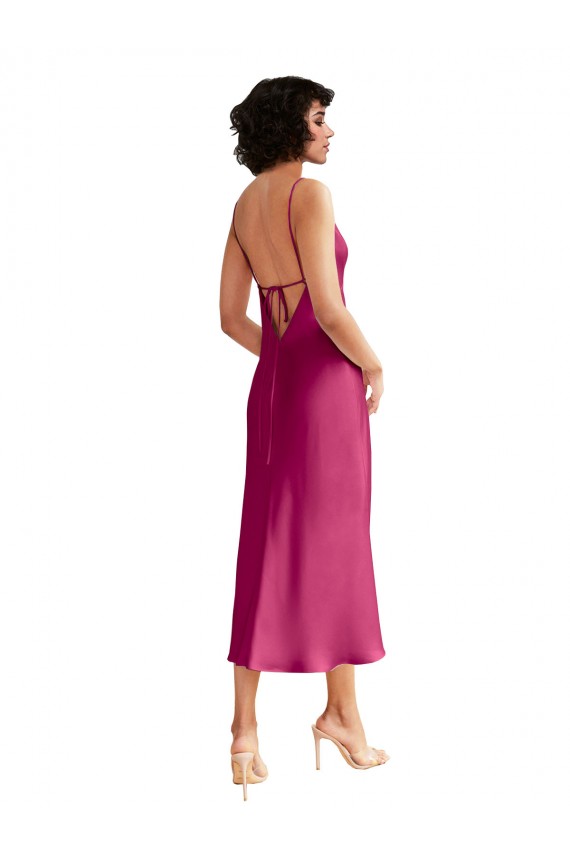 Sem Mangas Decote V Cetim Elástico Fúcsia Comprimento Midi Vestidos de Madrinha / Vestidos de Noite / Vestidos de Festa Mais Barato
