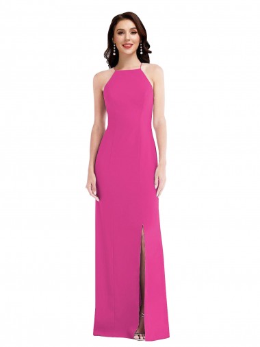 Sem Mangas Decote Alto Crepe Esticado Fúcsia Comprimento Chão Vestidos de Madrinha / Vestidos de Noite / Vestidos de Festa Mais Barato
