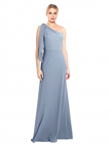 Mangas Esvoaçantes Um Ombro Crepe Esticado Fumo Azul Comprimento Chão Vestidos de Madrinha / Vestidos de Noite / Vestidos de Festa Mais Barato