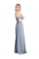 Sem Mangas Colher Crepe Esticado Fumo Azul Comprimento Chão Vestidos de Madrinha / Vestidos de Festa Mais Barato