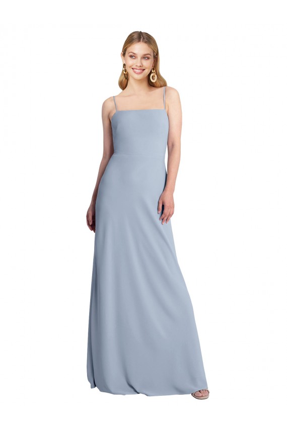 Sem Mangas Decote Quadrado Crepe Esticado Fumo Azul Comprimento Chão Vestidos de Madrinha / Vestidos de Festa Mais Barato
