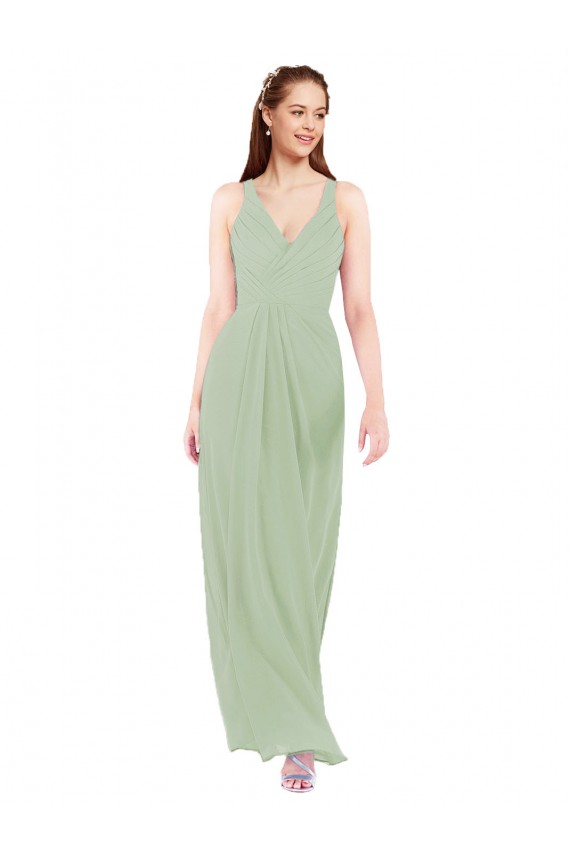 Sem Mangas Decote V Chiffon Fumo Verde Comprimento Chão Bainha Vestidos de Madrinha Mais Barato