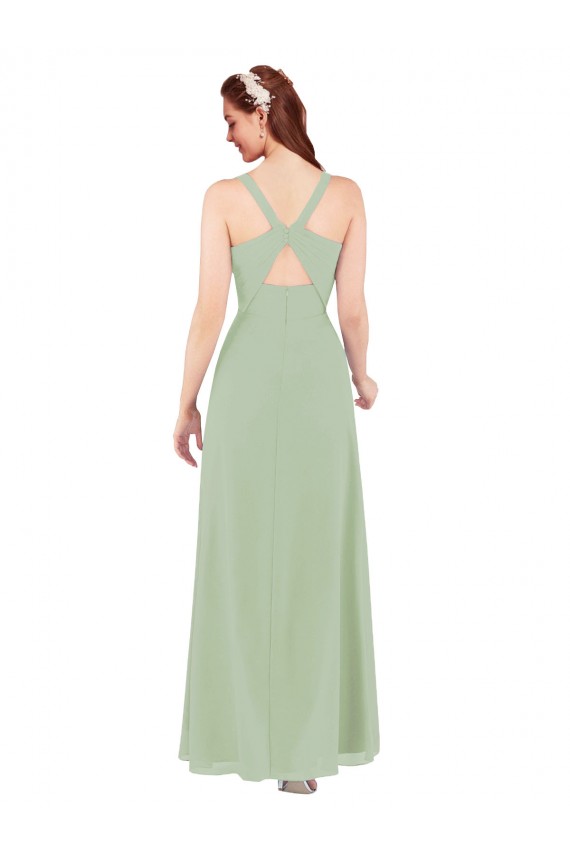 Sem Mangas Decote V Chiffon Fumo Verde Comprimento Chão Bainha Vestidos de Madrinha Mais Barato