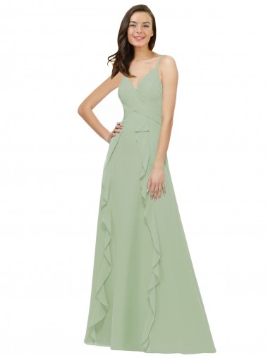 Sem Mangas Decote V Chiffon Fumo Verde Comprimento Chão Longo Vestidos de Madrinha Mais Barato