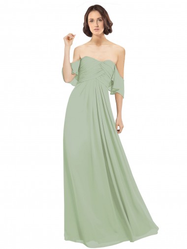 Ombro Frio Fora do Ombro Chiffon Fumo Verde Comprimento Chão Vestidos de Madrinha Mais Barato
