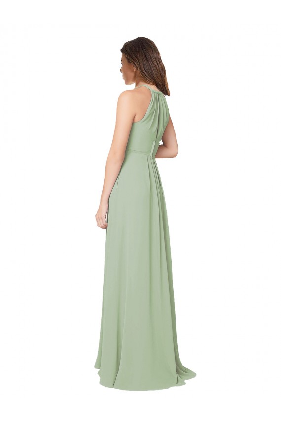 Sem Mangas Cabeçada Chiffon Fumo Verde Comprimento Chão Vestidos de Madrinha Mais Barato