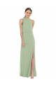 Sem Mangas Decote Alto Chiffon Fumo Verde Comprimento Chão Vestidos de Madrinha Mais Barato
