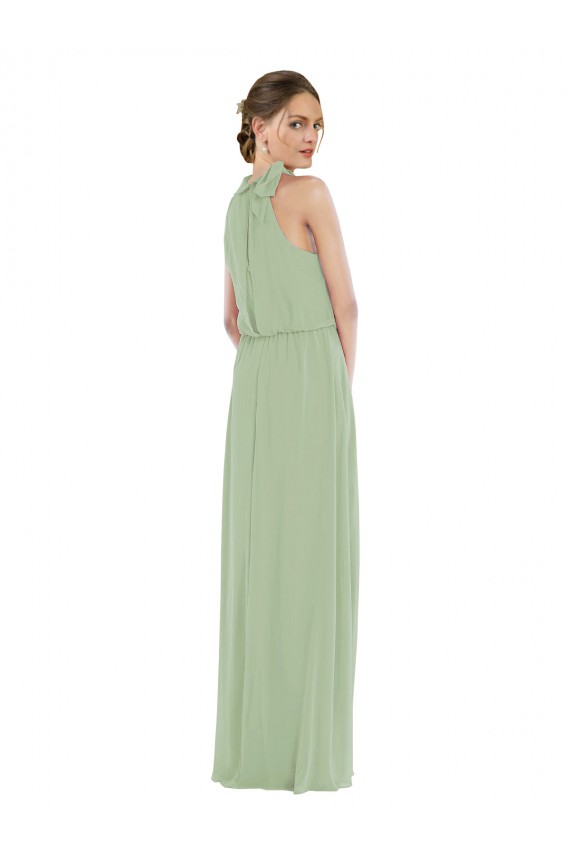Sem Mangas Decote Alto Chiffon Fumo Verde Comprimento Chão Vestidos de Madrinha Mais Barato