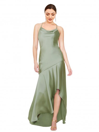 Sem Mangas Decote Capuz Cetim Sedoso Fumo Verde Alto Baixo Vestidos de Madrinha / Vestidos de Noite / Vestidos de Festa Mais Barato