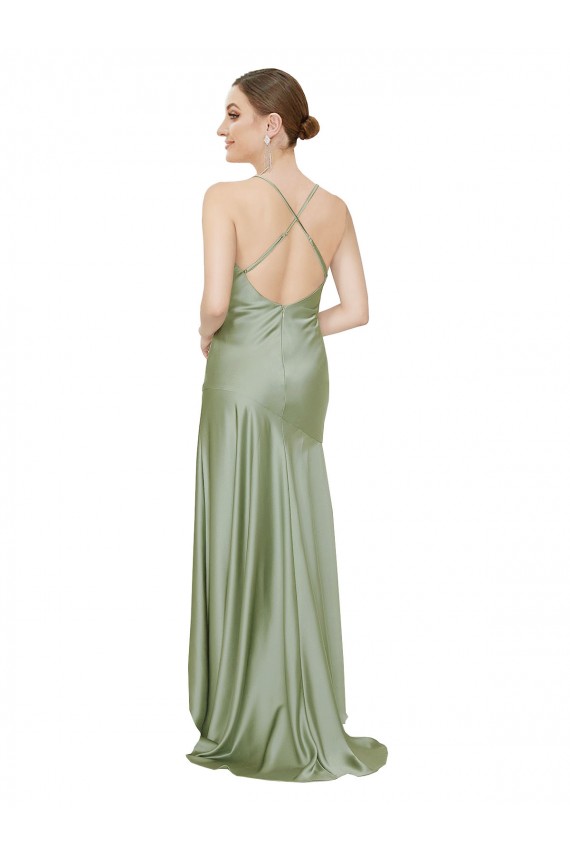 Sem Mangas Decote Capuz Cetim Sedoso Fumo Verde Alto Baixo Vestidos de Madrinha / Vestidos de Noite / Vestidos de Festa Mais Barato