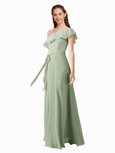 Mangas Esvoaçantes Um Ombro Chiffon Fumo Verde Comprimento Chão Vestidos de Madrinha Mais Barato