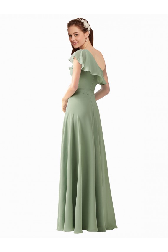 Mangas Esvoaçantes Um Ombro Chiffon Fumo Verde Comprimento Chão Vestidos de Madrinha Mais Barato