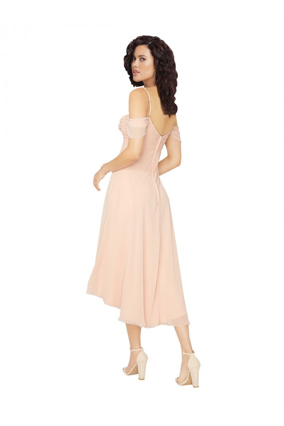 Ombro Frio Decote Quadrado Chiffon Gelo Rosa Alto Baixo Vestidos de Madrinha Mais Barato
