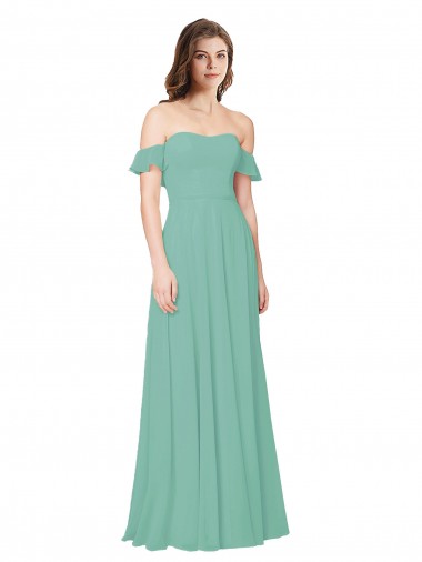 Mangas Folhos Fora do Ombro Chiffon Jade Comprimento Chão Vestidos de Madrinha Mais Barato
