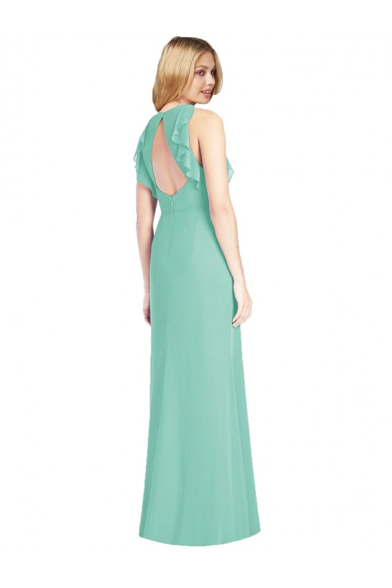 Sem Mangas Decote Joia Chiffon Jade Comprimento Chão Vestidos de Madrinha Mais Barato