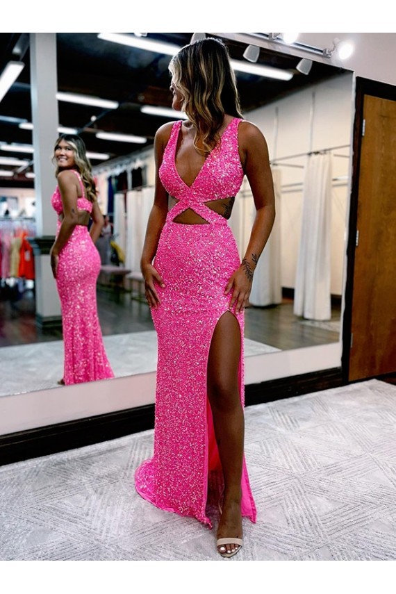 Sem Mangas Decote V Lantejoulas Veludo Comboio Varredela Vestido de Festa / Vestido de Madrinha Mais Barato