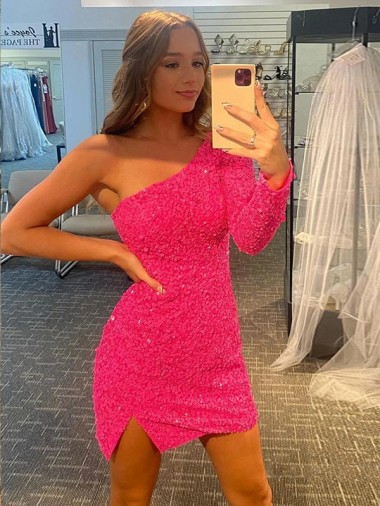 Mangas Compridas Um Ombro Lantejoulas Veludo Curto Vestidos de Festa Mais Barato