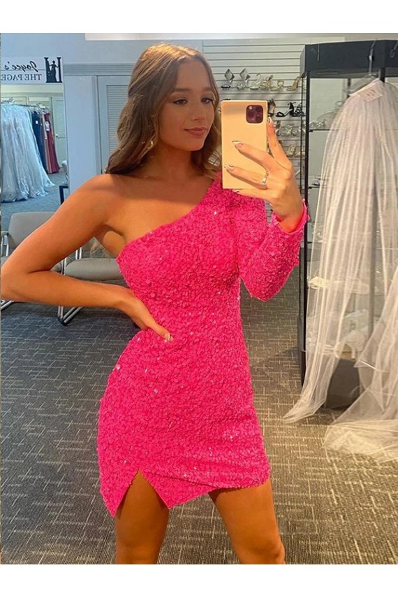 Mangas Compridas Um Ombro Lantejoulas Veludo Curto Vestidos de Festa Mais Barato