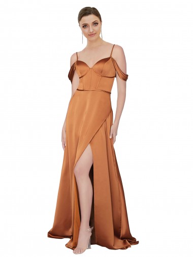 Ombro Frio Amor Cetim Sedoso Laranja Comprimento Chão Vestidos de Madrinha / Vestidos de Noite / Vestidos de Festa Mais Barato
