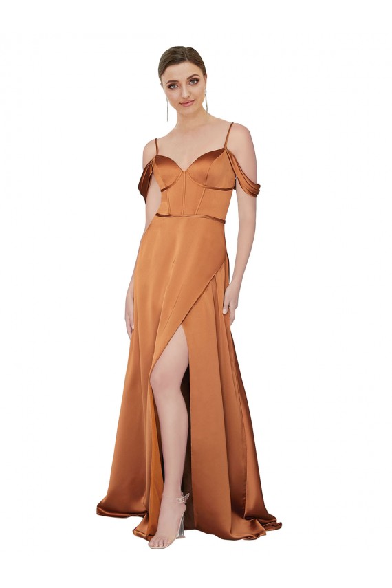 Ombro Frio Amor Cetim Sedoso Laranja Comprimento Chão Vestidos de Madrinha / Vestidos de Noite / Vestidos de Festa Mais Barato