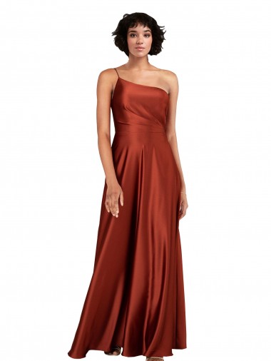 Sem Mangas Um Ombro Cetim Sedoso Laranja Queimada Comprimento Chão Vestidos de Madrinha / Vestidos de Noite / Vestidos de Festa Mais Barato