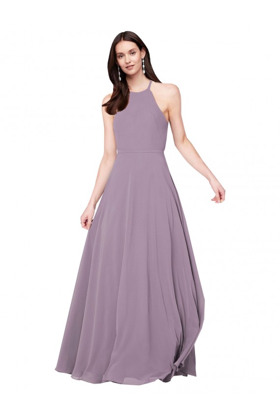 Sem Mangas Cabeçada Chiffon Lavanda Escura Comprimento Chão Longo Vestidos de Madrinha Mais Barato