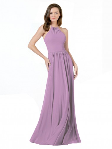 Sem Mangas Cabeçada Chiffon Lavanda Escura Comprimento Chão Vestidos de Madrinha Mais Barato