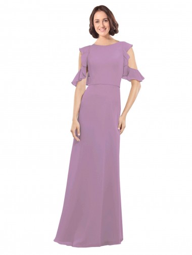 Ombro Frio Decote Alto Chiffon Lavanda Escura Comprimento Chão Vestidos de Madrinha Mais Barato