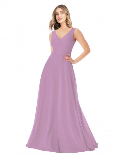 Sem Mangas Decote V Chiffon Lavanda Escura Comprimento Chão Vestidos de Madrinha Mais Barato