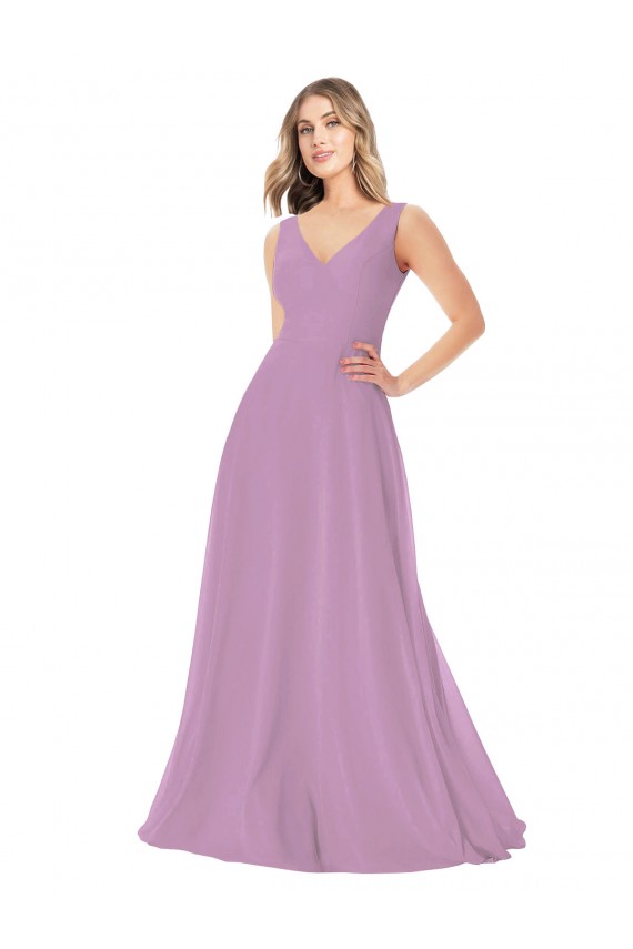 Sem Mangas Decote V Chiffon Lavanda Escura Comprimento Chão Vestidos de Madrinha Mais Barato