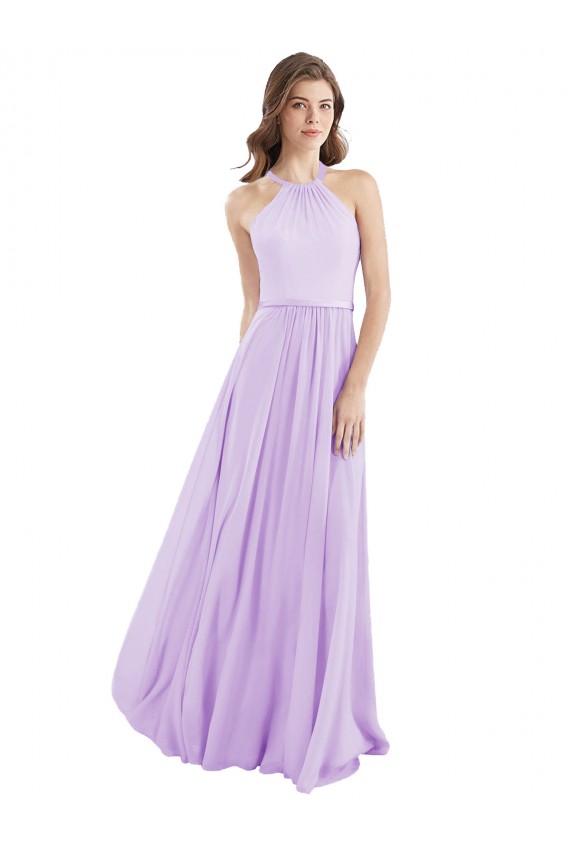 Sem Mangas Cabeçada Chiffon Lilás Comprimento Chão Vestido de Madrinha Mais Barato