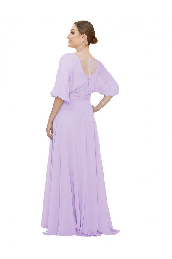 Mangas 1/2 Decote V Chiffon Lilás Comprimento Chão Vestidos de Madrinha Mais Barato