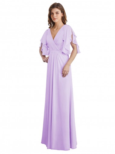 Mangas Esvoaçantes, Mangas Divididas Decote V Chiffon Lilás Comprimento Chão Vestidos de Madrinha Mais Barato