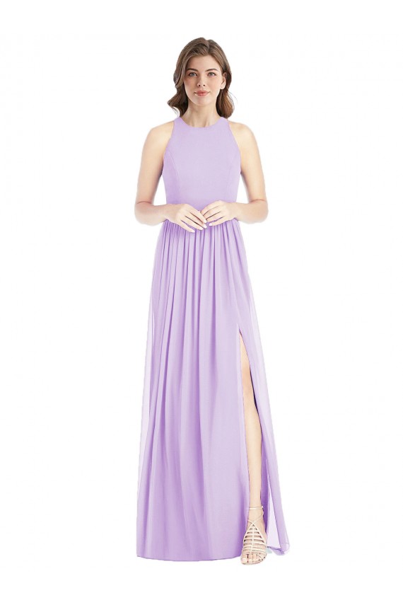 Sem Mangas Cabeçada Chiffon Lilás Comprimento Chão Vestidos de Madrinha / Vestidos Formais Mais Barato