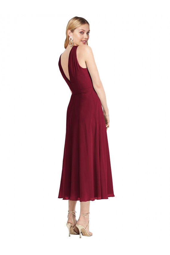 Sem Mangas Cabeçada Chiffon Lilás Comprimento Chá Vestidos de Madrinha / Vestidos de Cocktail Mais Barato