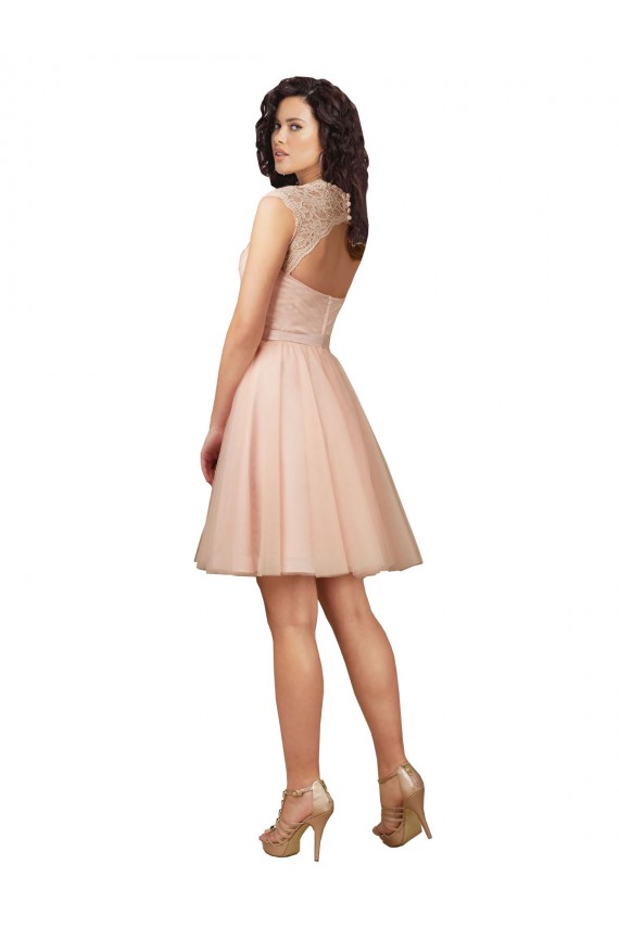 Mangas Curtas Amor Tule & Renda Comprimento Joelho Vestidos de Madrinha Mais Barato