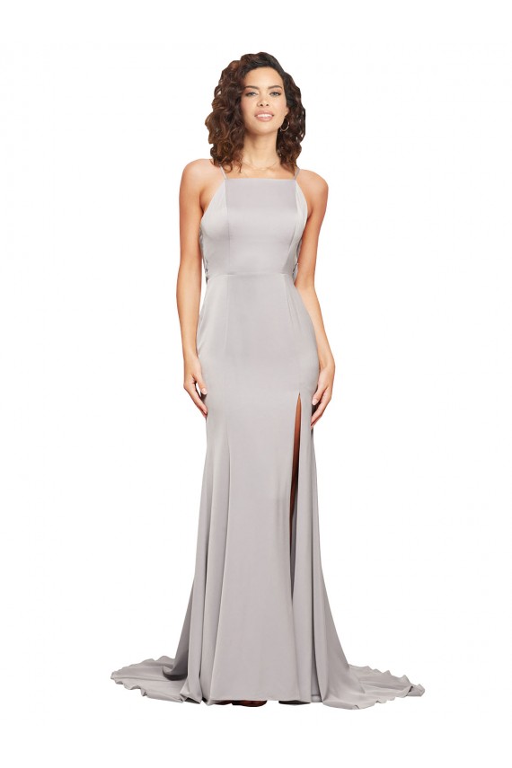 Sem Mangas Decote Alto Cetim Elástico Comboio Varredela Vestidos de Madrinha / Vestidos de Noite / Vestidos de Festa Mais Barato