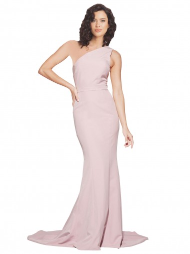 Sem Mangas Um Ombro Crepe Esticado Malva Comboio Varredela Vestidos de Madrinha / Vestidos de Festa Mais Barato