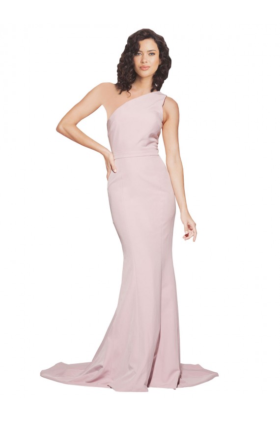 Sem Mangas Um Ombro Crepe Esticado Malva Comboio Varredela Vestidos de Madrinha / Vestidos de Festa Mais Barato