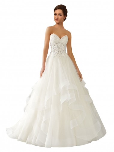 Sem Mangas Amor Cetim & Tule & Renda Marfim Comboio Capela Vestidos de Noiva Mais Barato