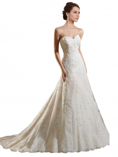 Sem Mangas Amor Tule & Renda Marfim & Champanhe Comboio Capela Longo Vestidos de Noiva Mais Barato