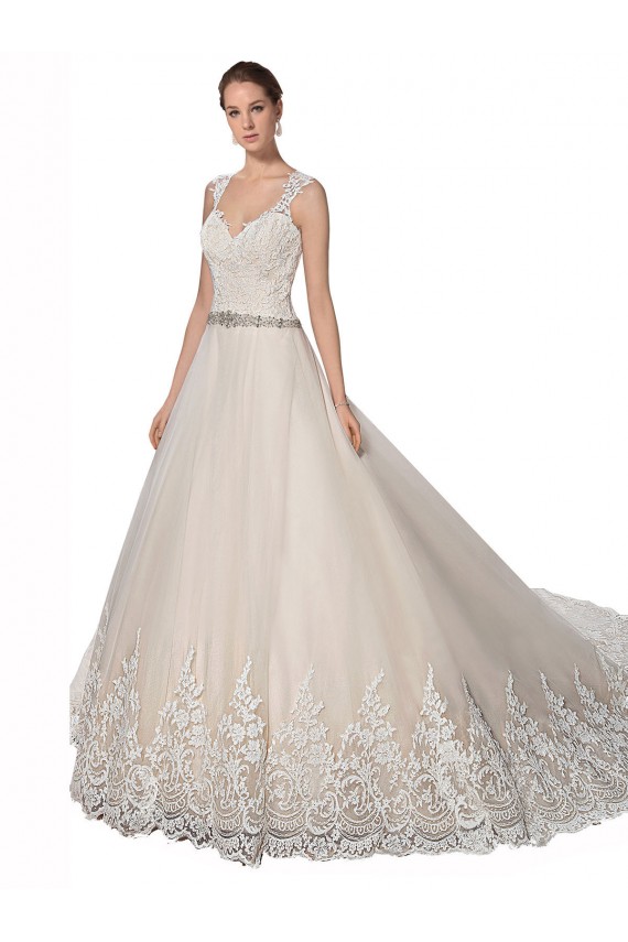 Sem Mangas Amor Tule & Renda Marfim & Champanhe Comboio Capela Linha A Longo Vestidos de Noiva Mais Barato