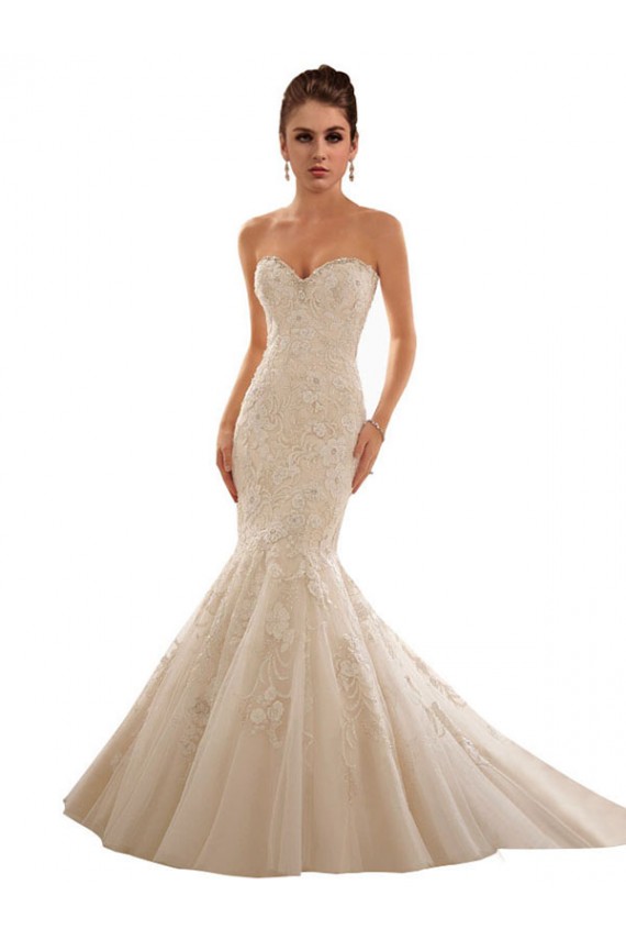 Sem Mangas Amor Tule & Renda Marfim & Champanhe Comboio Capela Longo Vestido de Noiva Mais Barato