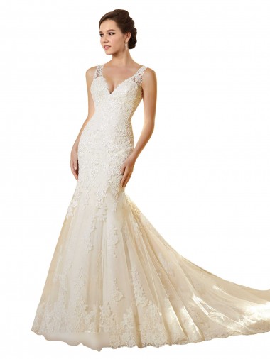 Sem Mangas Decote V Tule & Renda Marfim & Champanhe Comboio Capela Longo Vestidos de Noiva Mais Barato
