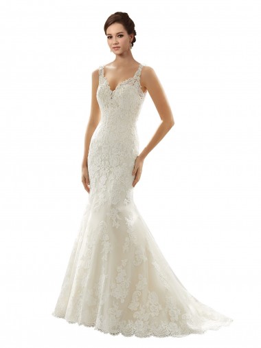 Sem Mangas Decote V Tule & Renda Marfim & Champanhe Comboio Capela Buraco da fechadura Vestidos de Noiva Mais Barato