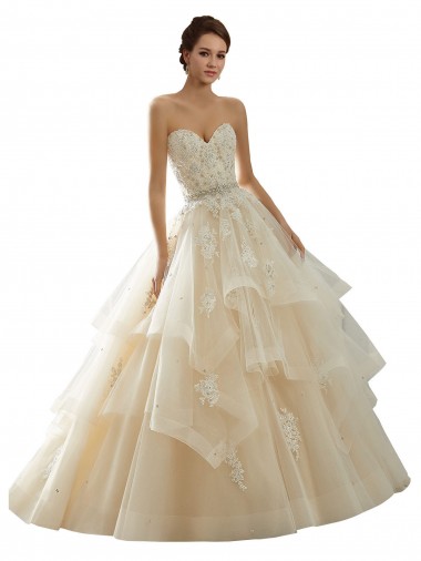 Sem Mangas Amor Tule & Renda Marfim & Champanhe Comboio Capela Vestido de Noiva Mais Barato