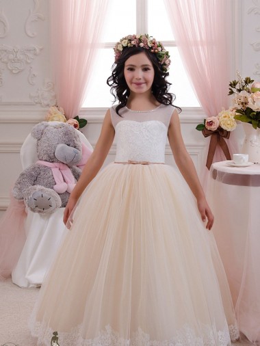 Sem Mangas Amor Tule & Renda Marfim & Champanhe Comprimento Chão Vestidos para Meninas de Flores Mais Barato