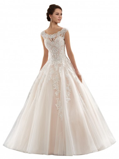 Mangas Curtas Barco Tule & Renda Marfim & Champanhe Comboio Capela Vestidos de Noiva Mais Barato