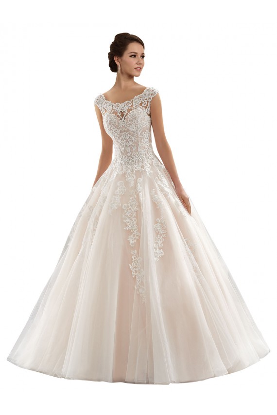 Mangas Curtas Barco Tule & Renda Marfim & Champanhe Comboio Capela Vestidos de Noiva Mais Barato