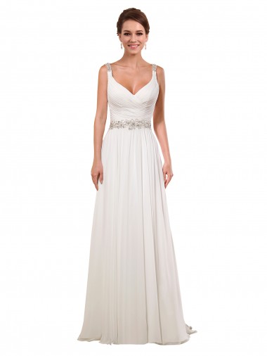 Sem Mangas Decote V Chiffon Marfim Comboio Capela Vestidos de Noiva Clássicos Mais Barato
